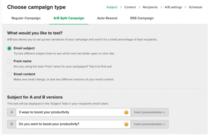 AB testing in email marketing. Reference image - Mailerlite