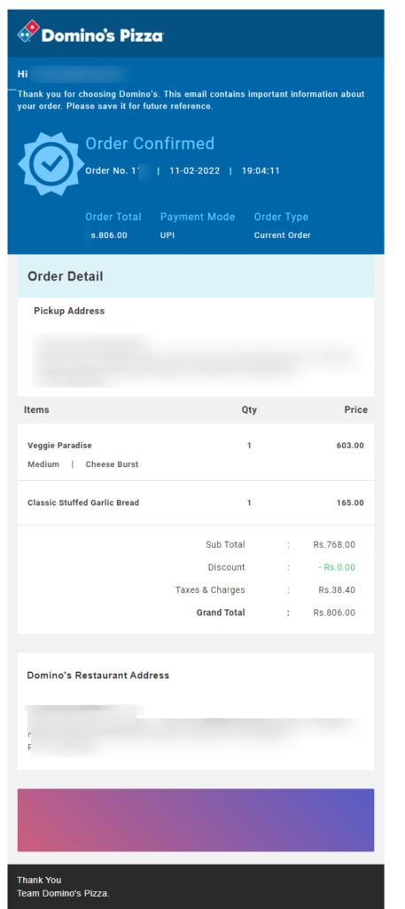 Transactional email example - (Image ref -dominos)