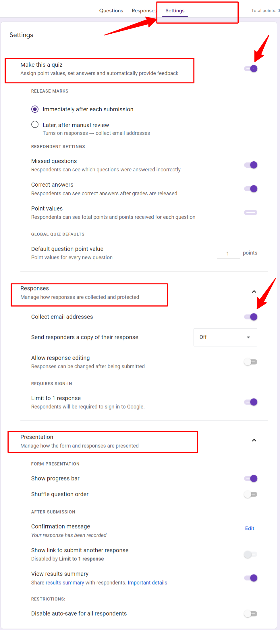 google forms quiz settings